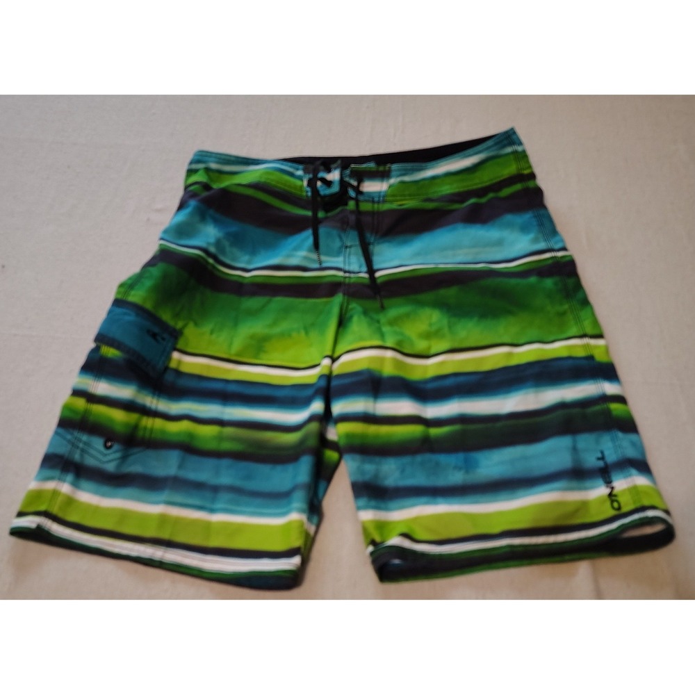 ONeill Mens Board Shorts Size 34‎ Green Blue Striped Cargo Pocket Swim Trunks x